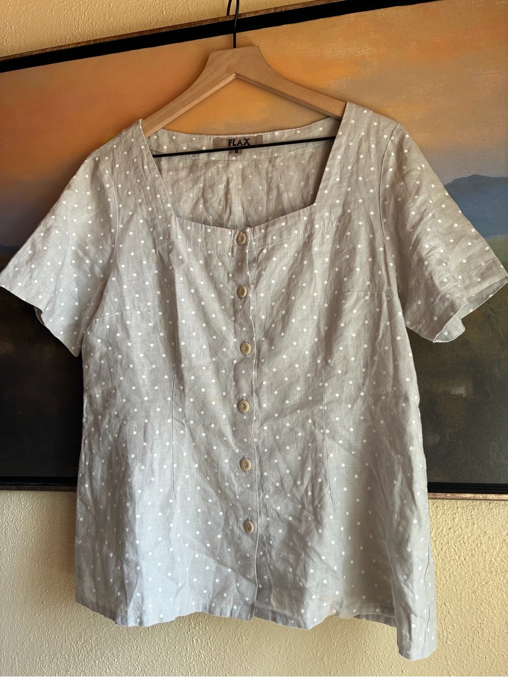 FLAX gray Polka Dot Linen Button-Front Top